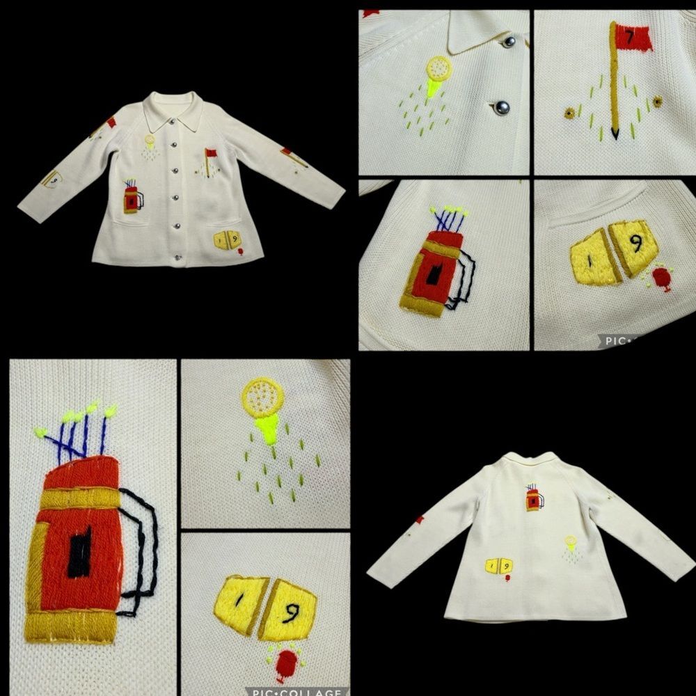 Vintage Dorce Leroy Knitwear Women’s Golf Sweater Cardigan Cream Embroidered M